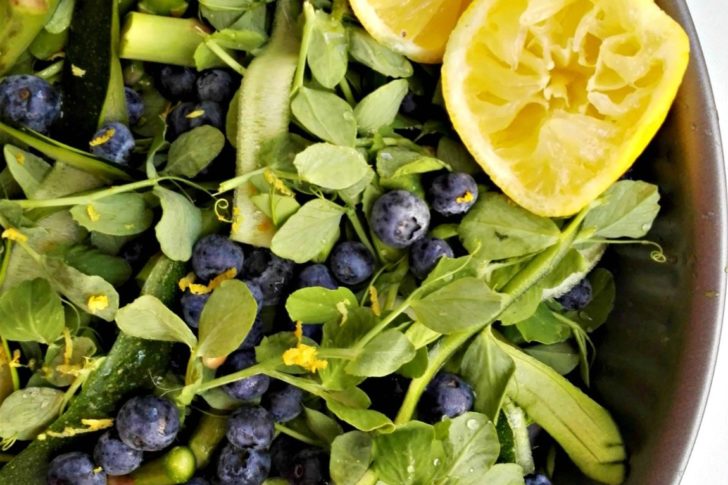 Sommersalat med ærteskud og blåbær