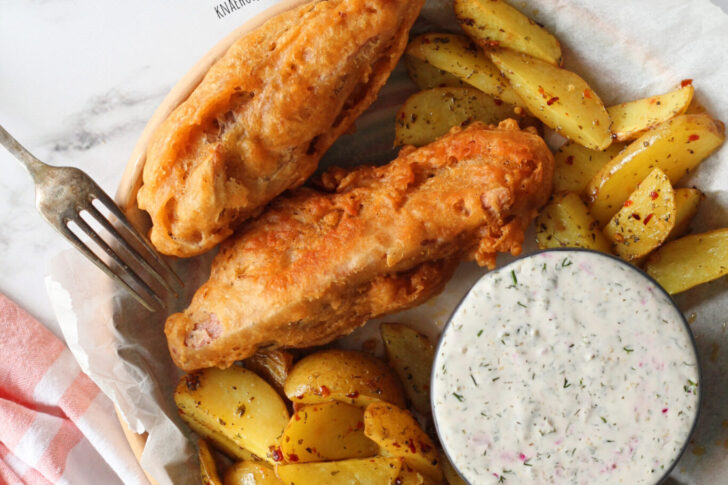 vegansk fish and chips med bananblomster og chilifritter